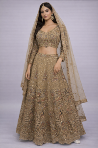 Antique Gold Soft Net Bridal Lehenga Choli with Heavy Embroidery & Dupatta