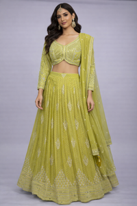 Silk Brocade Lehenga Choli with All-Over Embroidery & Dupatta