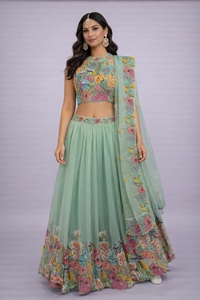 Lehenga Choli in Viscose Organza with Embroidered Detailing and Dupatta