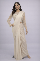 Off-White & Gold Ready-to-Wear Saree with Embellished Blouse