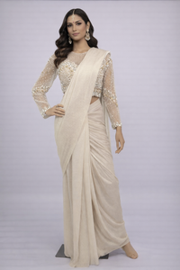 Off-White & Gold Ready-to-Wear Saree with Embellished Blouse