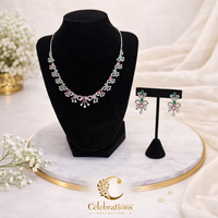 Multicolor Crystal Floral Necklace & Earrings Set – Silver Tone Statement Jewelry