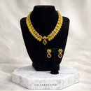 Traditional Temple Style Gold Necklace Set with Ruby & Green Stone Accents