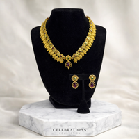 Traditional Temple Style Gold Necklace Set with Ruby & Green Stone Accents