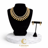 Traditional Gold Temple Necklace Set with Pearl Detailing & Matching Earrings