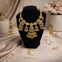 Traditional Antique Temple Necklace Set with Green & Ruby Stone Detailing