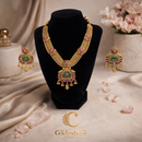 Antique Temple Gold Necklace Set with Green Enamel Pendant & Matching Earrings