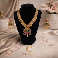 Antique Temple Gold Necklace Set with Green Enamel Pendant & Matching Earrings
