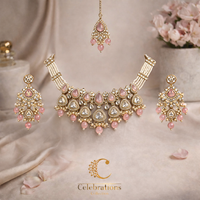 Blush Pink Kundan Bridal Necklace Set with Maang Tikka & Matching Earrings