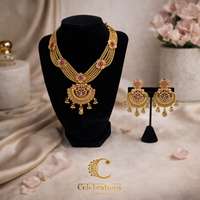 Antique Temple Gold Necklace Set with Pink Stone Pendant & Matching Chandbali Earrings