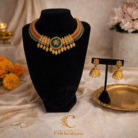 Traditional Temple Choker Necklace Set with Red & Green Beads and Jhumka Earrings