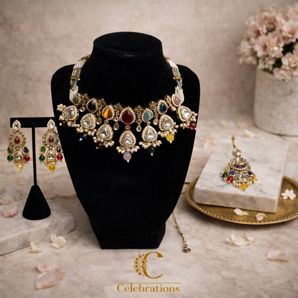 Royal Multicolor Kundan Bridal Choker Set with Earrings & Maang Tikka