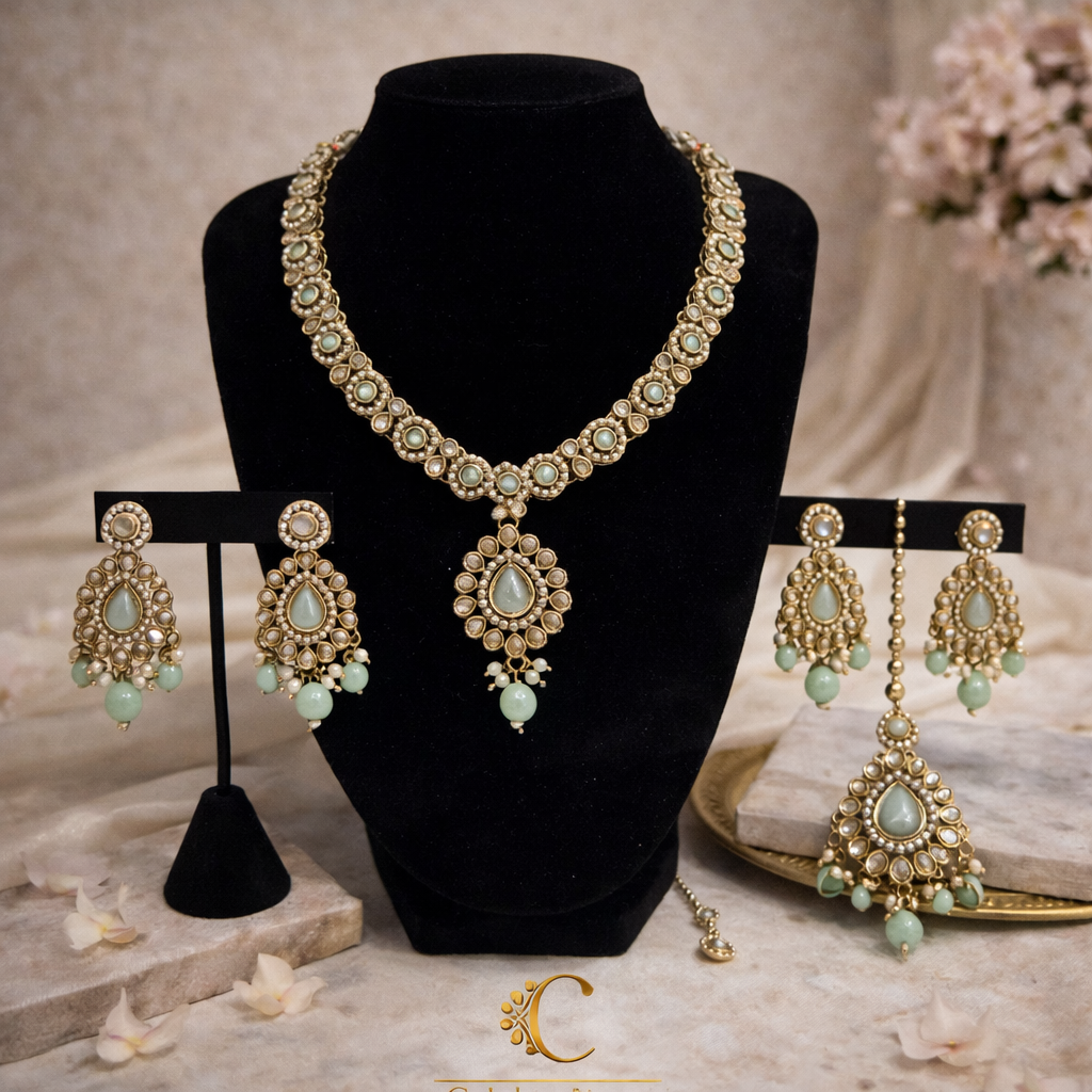 Elegant Polki Necklace Set with Mint Green Drops, Earrings & Maang Tikka