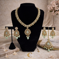 Elegant Polki Necklace Set with Mint Green Drops, Earrings & Maang Tikka