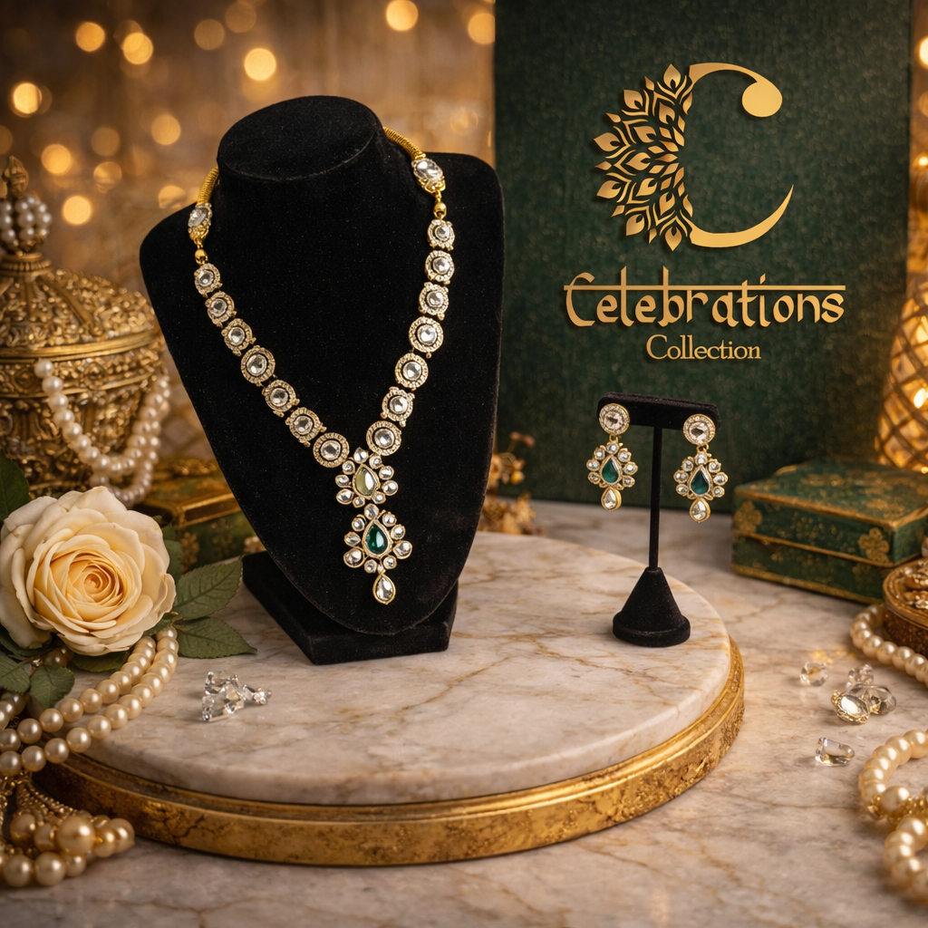 Elegant Polki Pendant Necklace Set with Emerald Green Accent & Matching Earrings