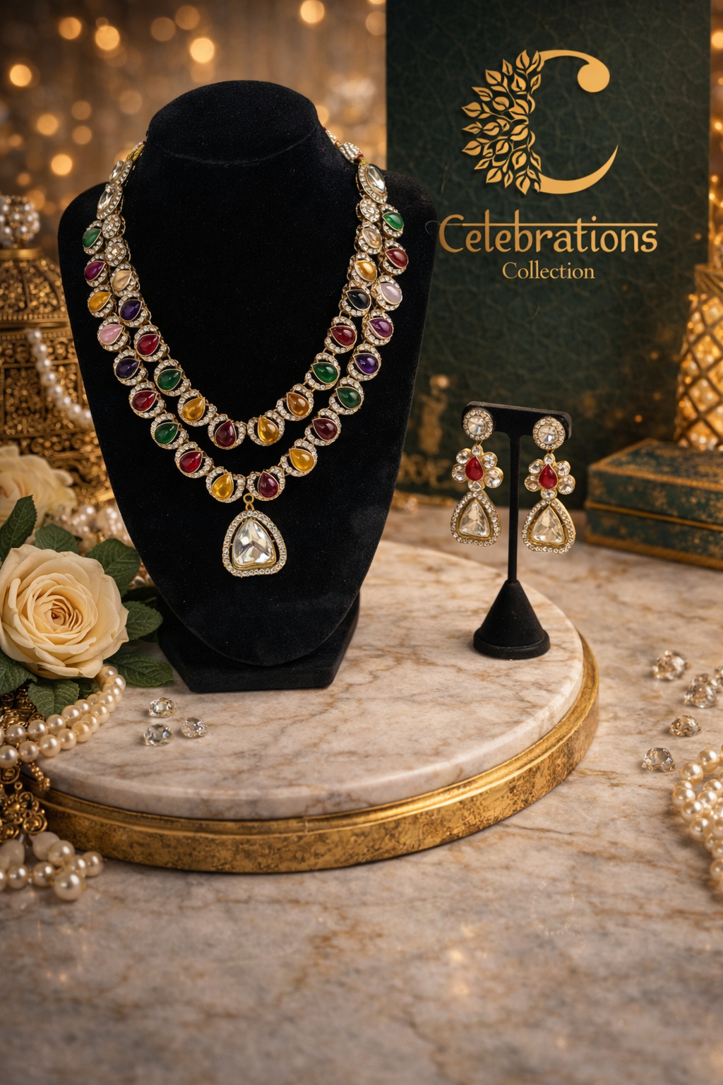 Navratna Polki Layered Necklace Set with Matching Earrings – Celebrations Collection