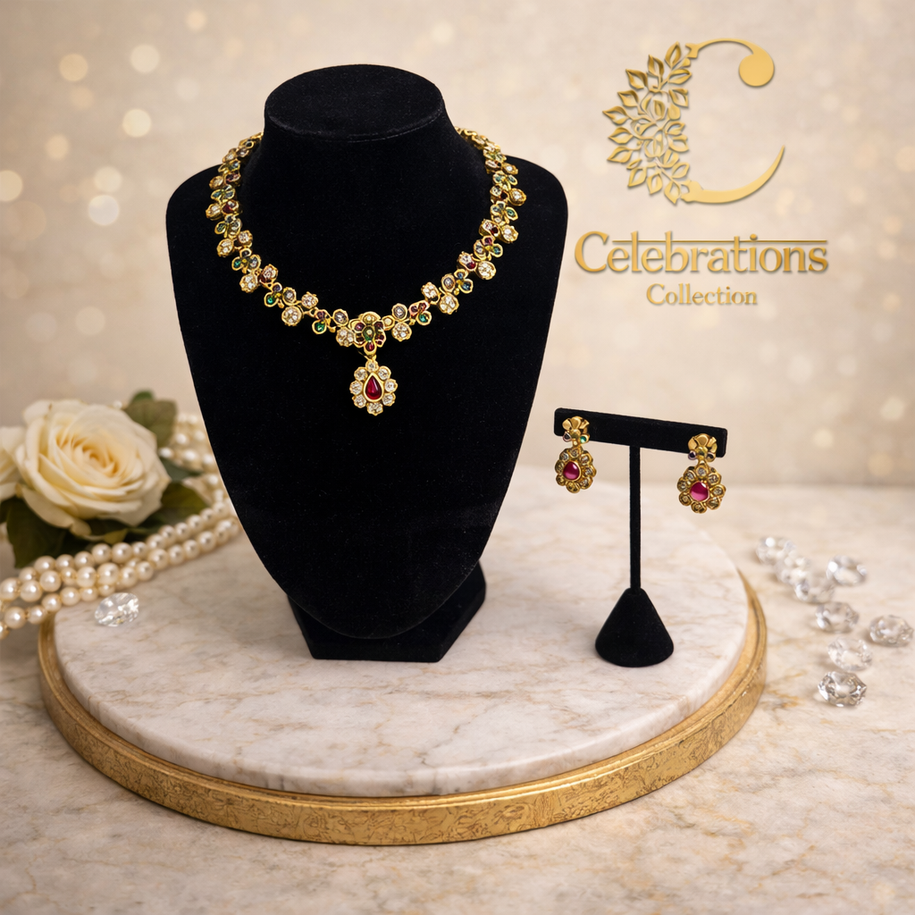 Traditional Multicolor Stone Necklace Set with Pendant & Matching Earrings – Celebrations Collection