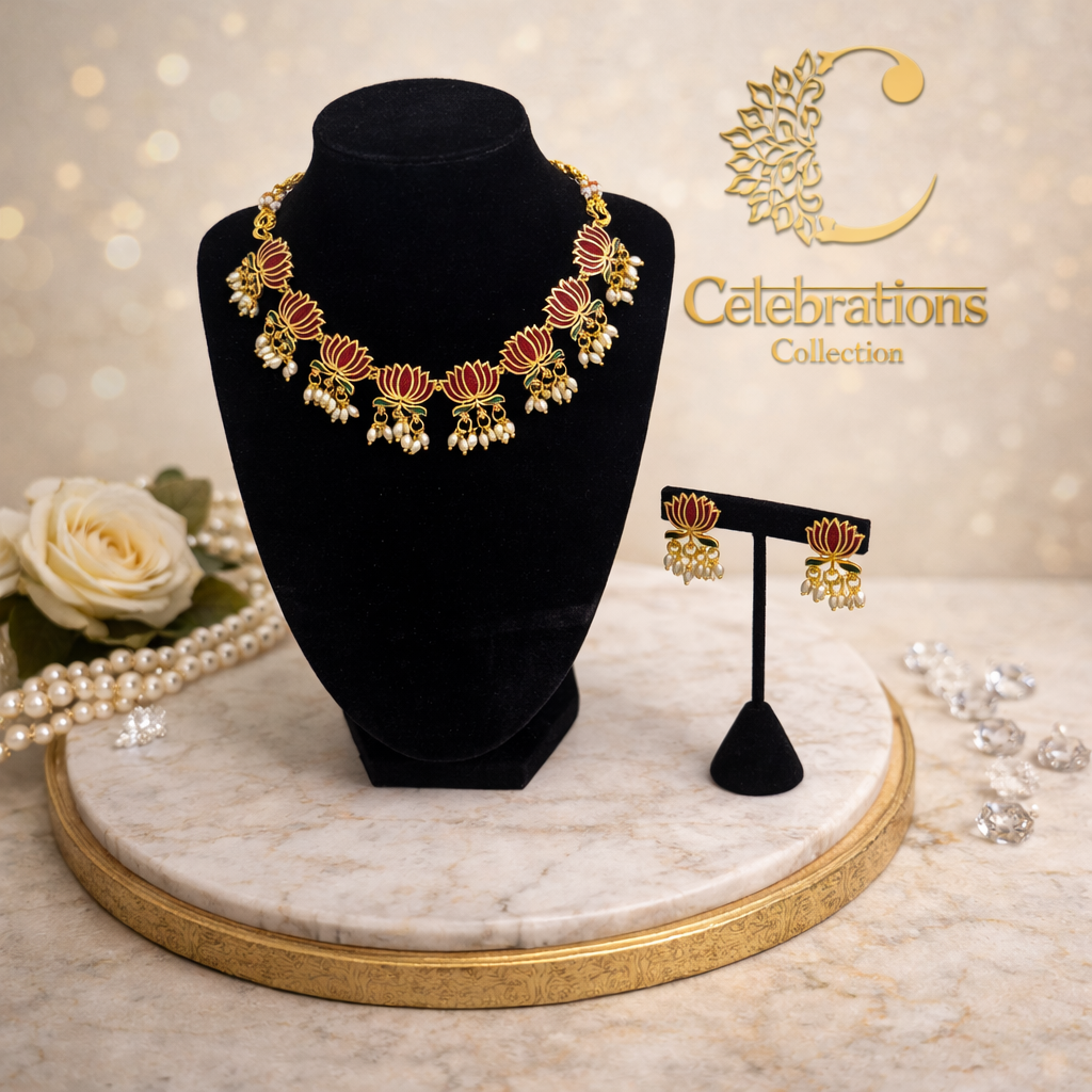 Traditional Lotus Design Necklace Set with Pearl Drops & Matching Earrings – Celebrations Collection
