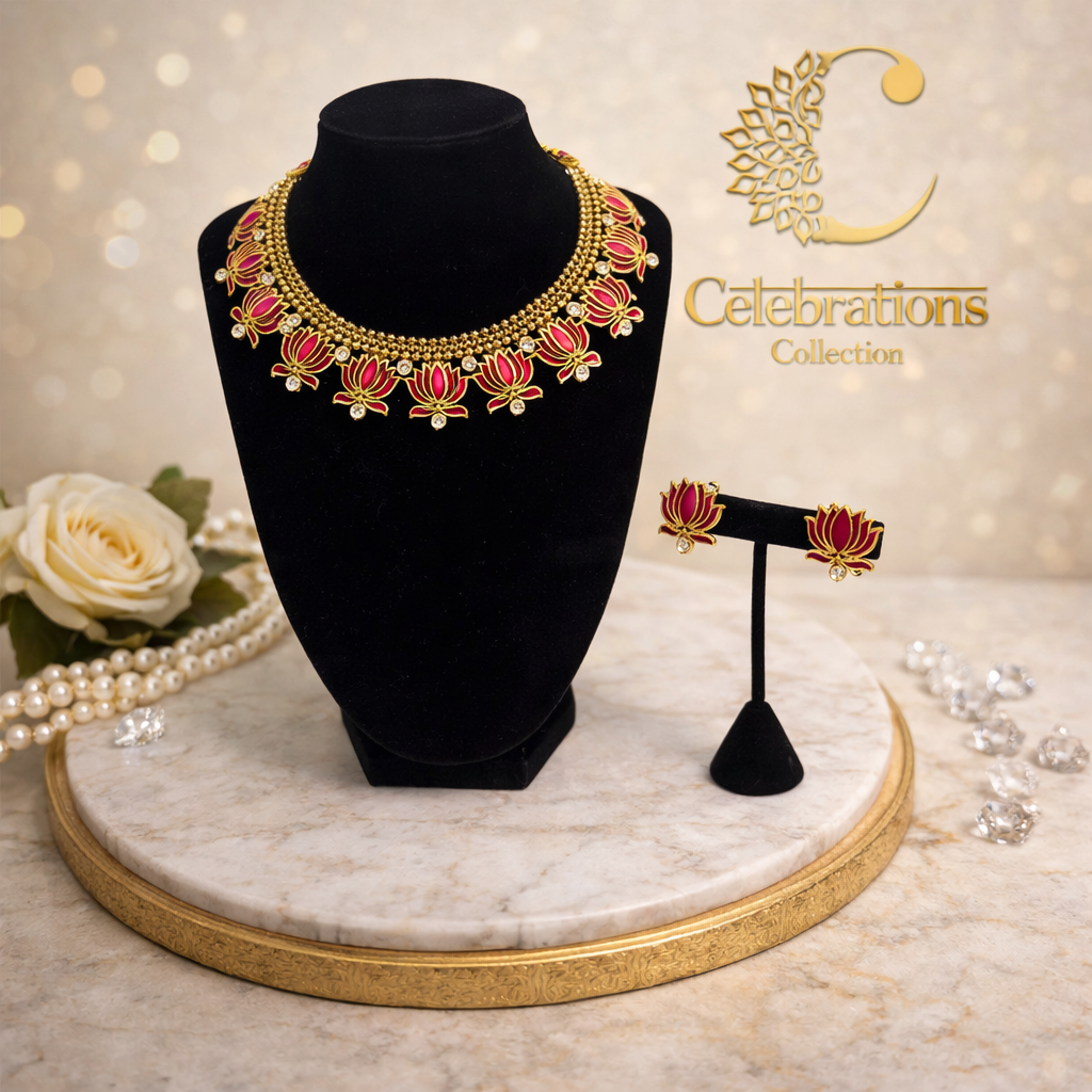 Traditional Lotus Choker Necklace Set with Matching Earrings – Gold Tone Festive Jewelry