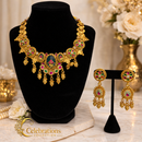 Traditional Temple Style Gold Tone Necklace Set with Multicolor Stones & Jhumka Earrings