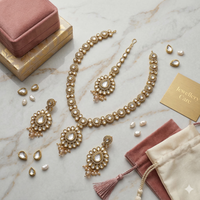 Exquisite Gold-Plated Polki & Pearl Wedding Jewellery Set - Necklace, Earrings, Maang Tikka