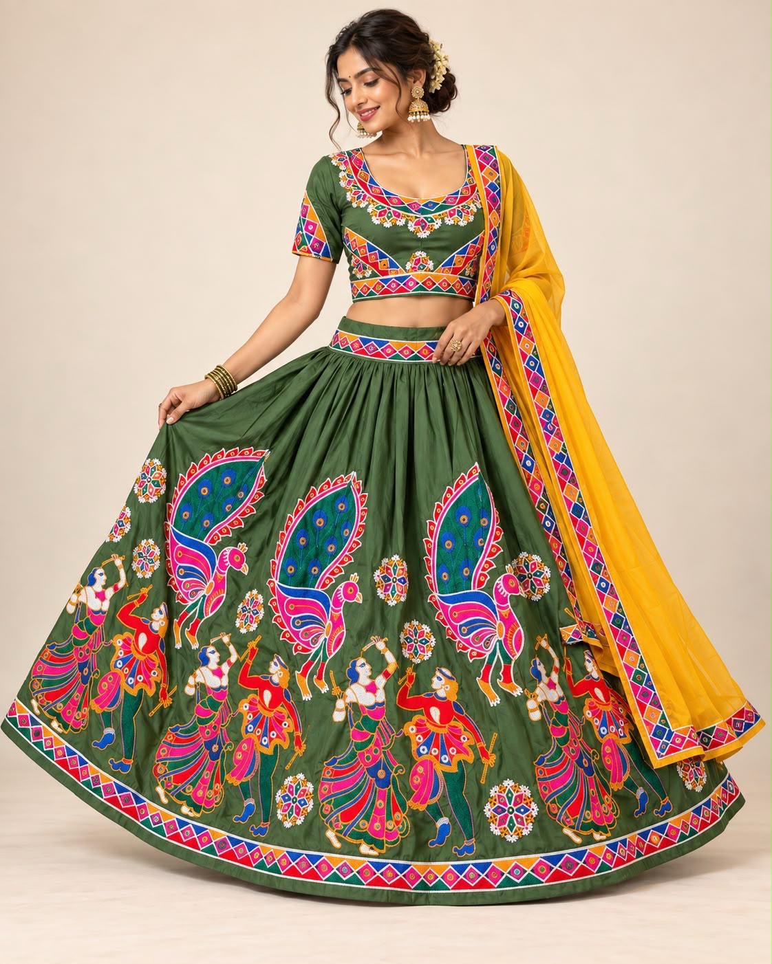 Olive Green Navratri Special Garba Lehenga Choli with Peacock & Traditional Dandiya Print and Yellow Dupatta