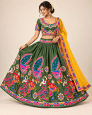Olive Green Navratri Special Garba Lehenga Choli with Peacock & Traditional Dandiya Print and Yellow Dupatta