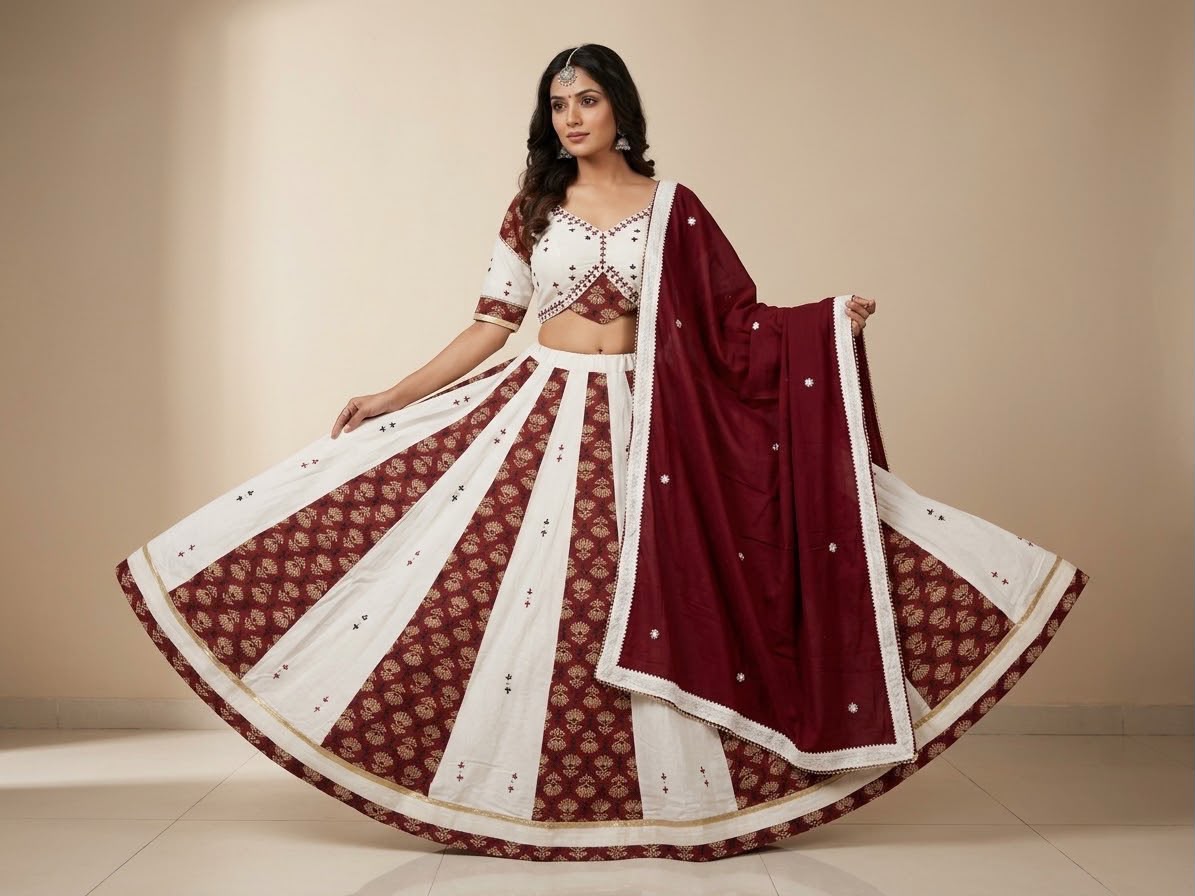 Seasonal Navratri Special – Ivory & Maroon Paneled Chaniya Choli Set