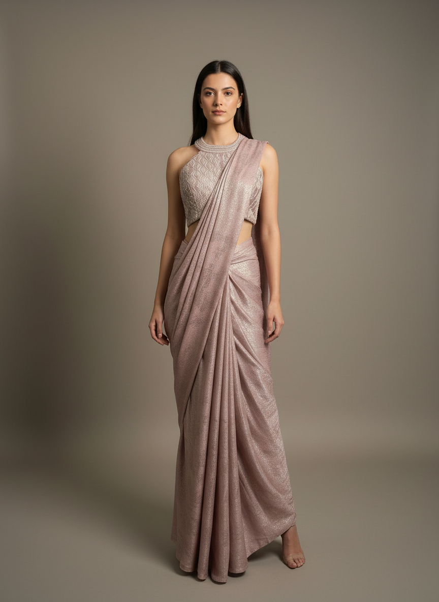 Mauve Ready-to-Wear Saree with Embellished Blouse