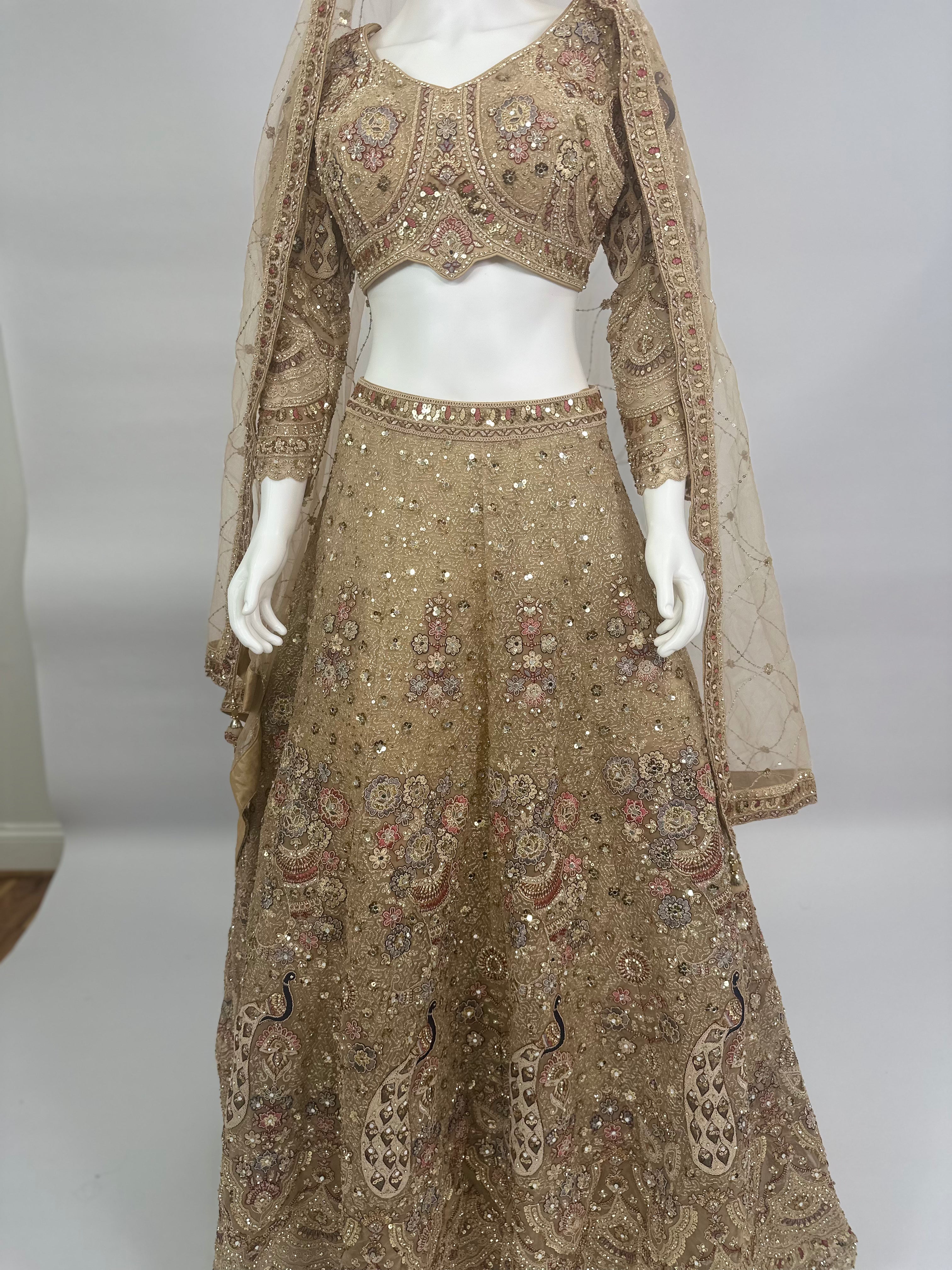 Antique Gold Soft Net Bridal Lehenga Choli with Heavy Embroidery & Dupatta