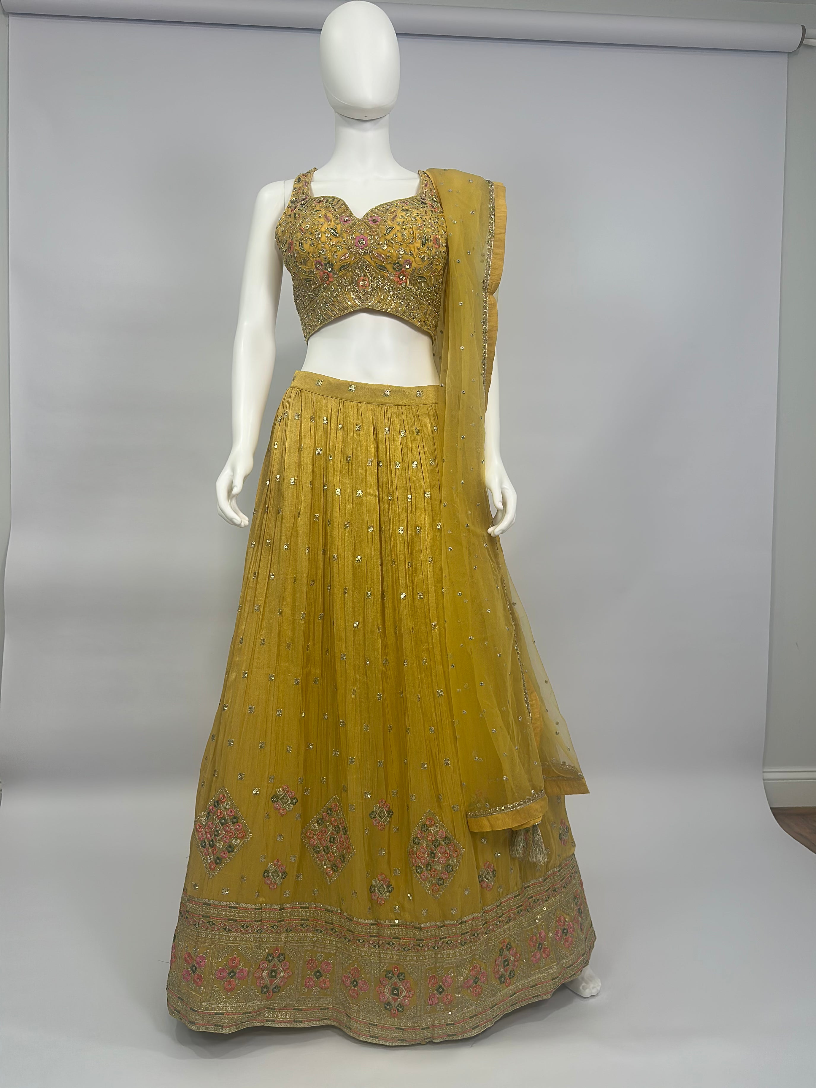 Mustard Gold Tissue Handwork Lehenga Choli Set with Dupatta – Festive & Wedding Wear