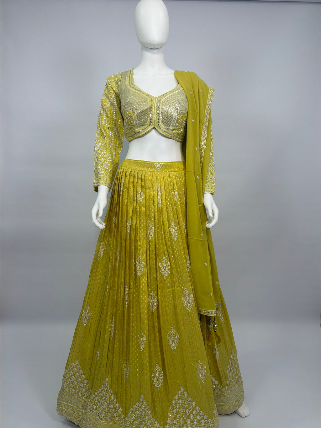 Lime Green Silk Brocade Embroidered Lehenga Choli Set with Dupatta – Festive & Wedding Wear