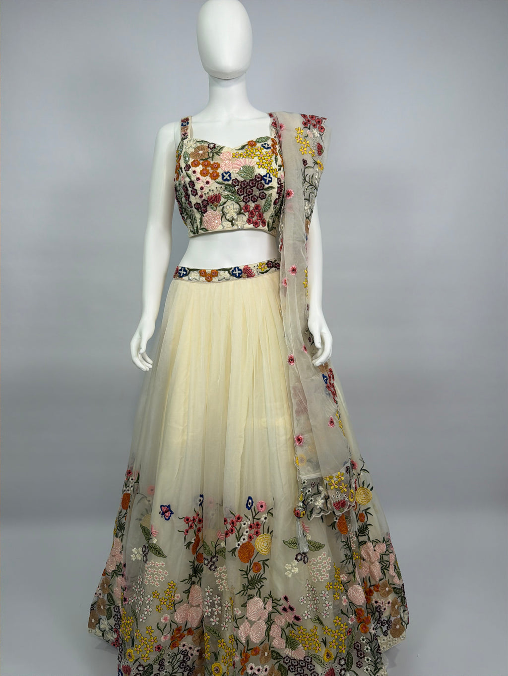 Ivory Floral Viscose Organza Embroidered Lehenga Choli Set with Dupatta – Mehendi & Festive Wear