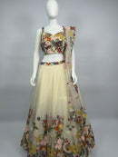Ivory Floral Viscose Organza Embroidered Lehenga Choli Set with Dupatta – Mehendi & Festive Wear