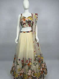 Ivory Floral Viscose Organza Embroidered Lehenga Choli Set with Dupatta – Mehendi & Festive Wear