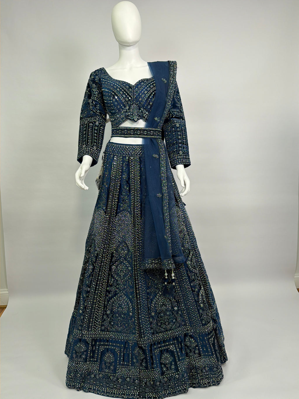 Midnight Blue Velvet All-Over Stone & Mirror Work Bridal Cocktail Lehenga Choli Set