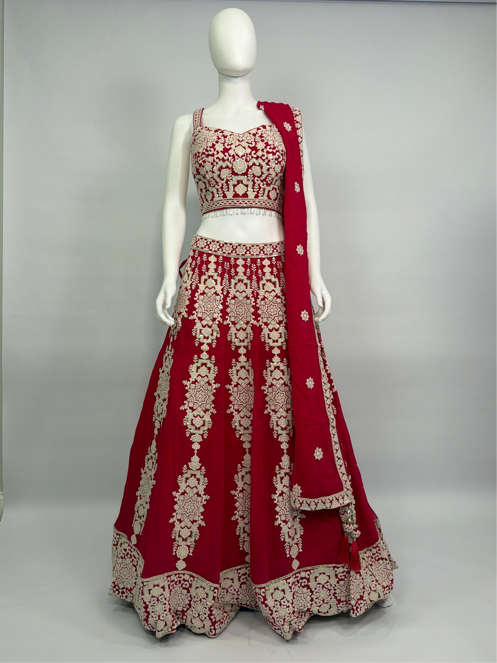 Crimson Red Georgette All-Over Embroidered Designer Lehenga Choli Set with Dupatta – Bridal & Festive Wear
