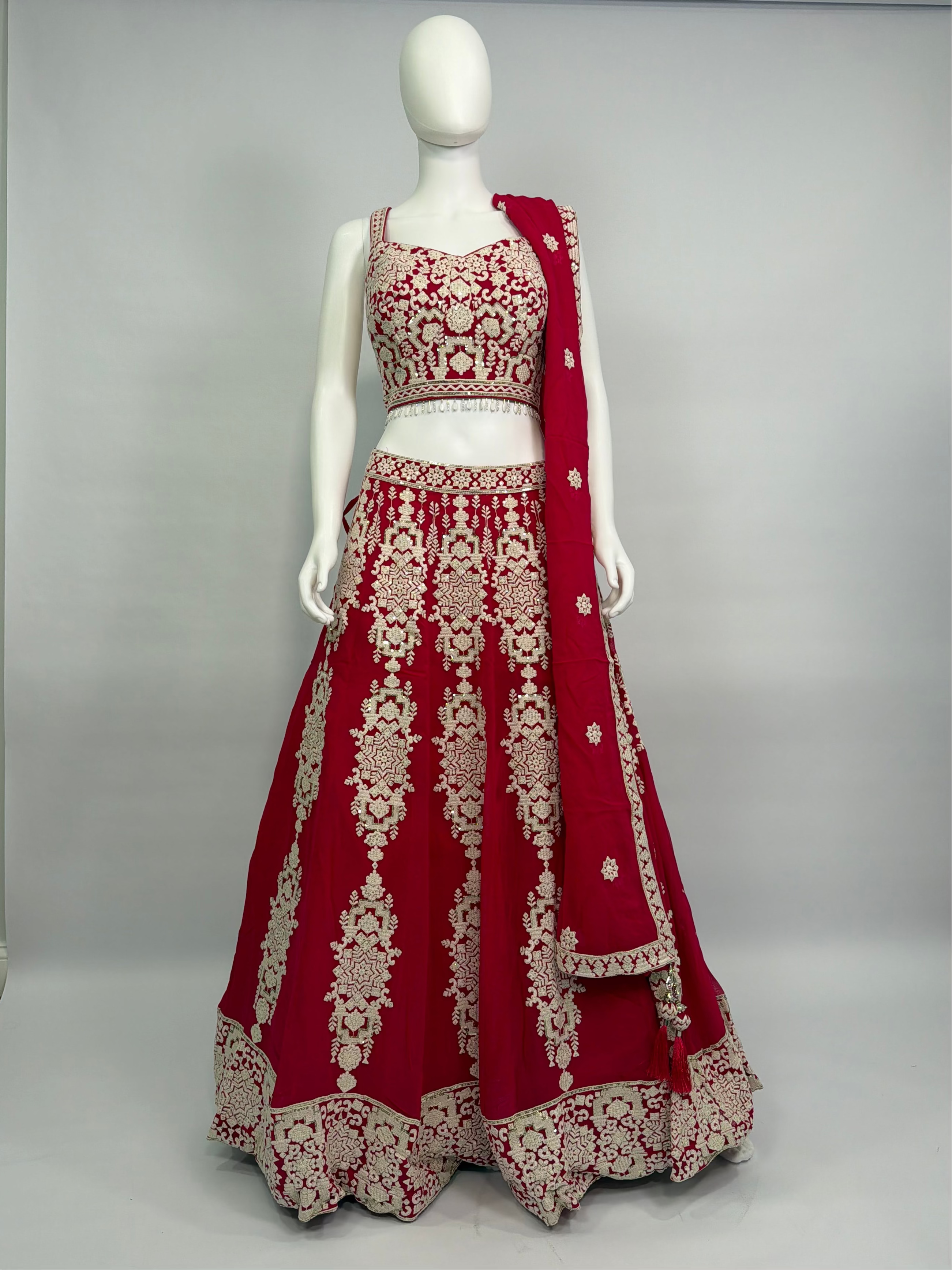 Crimson Red Georgette All-Over Embroidered Designer Lehenga Choli Set with Dupatta – Bridal & Festive Wear
