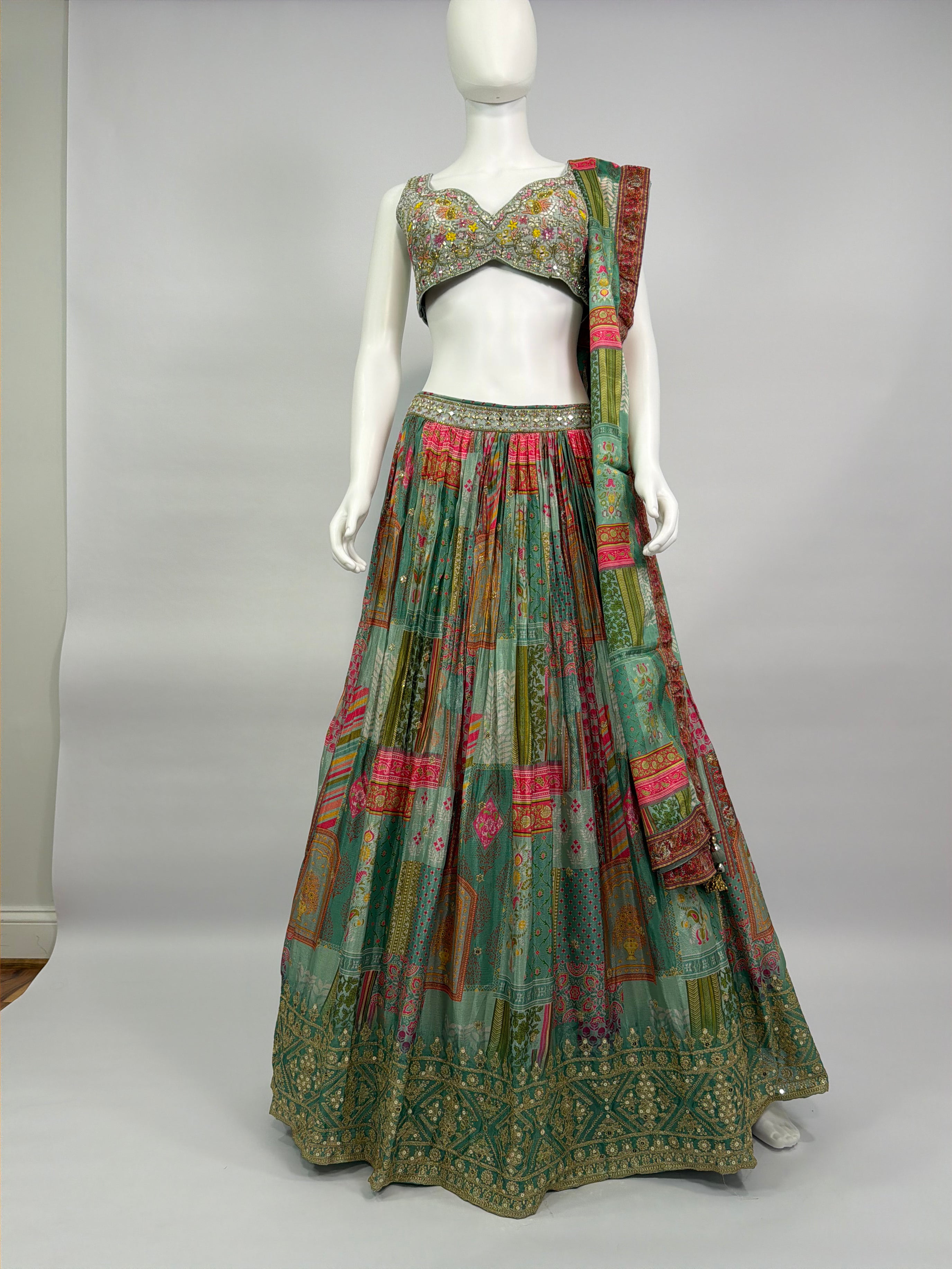 Teal Green Chinon Silk Printed Lehenga Choli Set with Dupatta – Festive & Wedding Wear