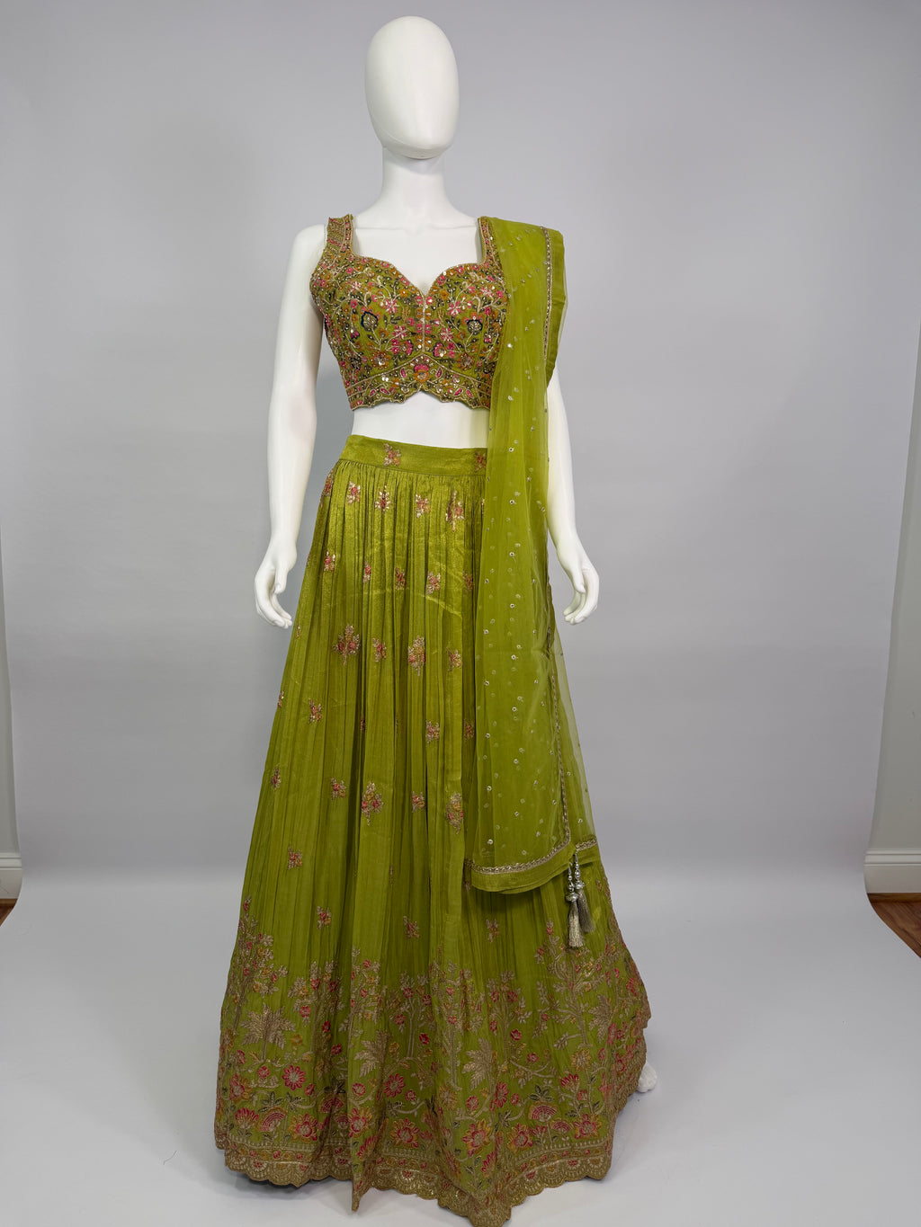 Olive Green Tissue Handwork Lehenga Choli Set with Dupatta – Festive & Wedding Wear
