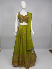 Olive Green Tissue Handwork Lehenga Choli Set with Dupatta – Festive & Wedding Wear