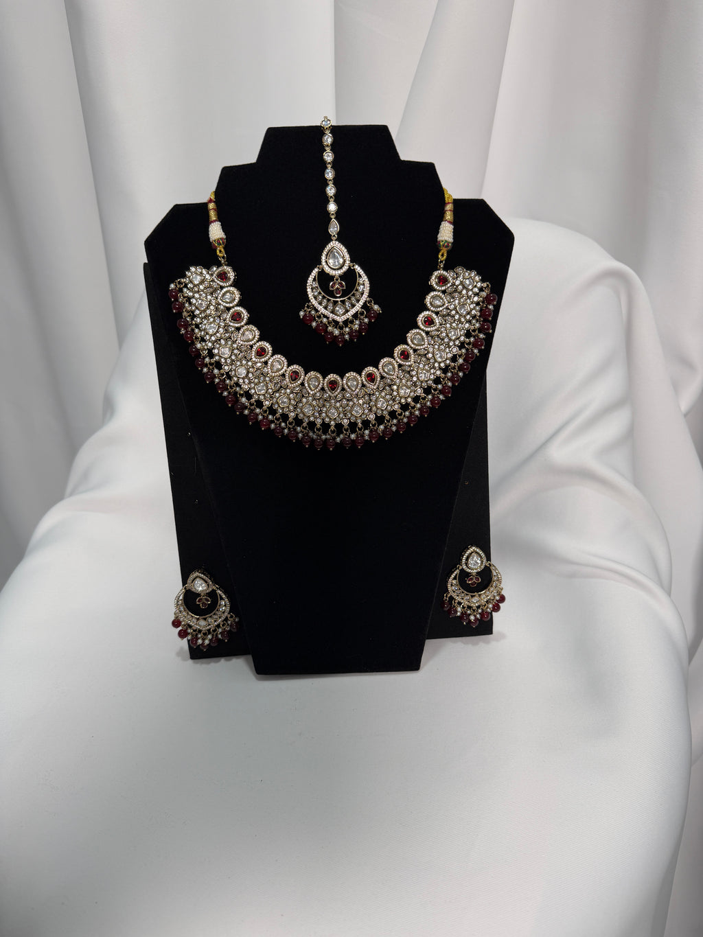 Royal Kundan Bridal Necklace Set with Ruby Beads, Earrings & Maang Tikka