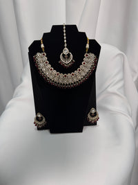 Royal Kundan Bridal Necklace Set with Ruby Beads, Earrings & Maang Tikka