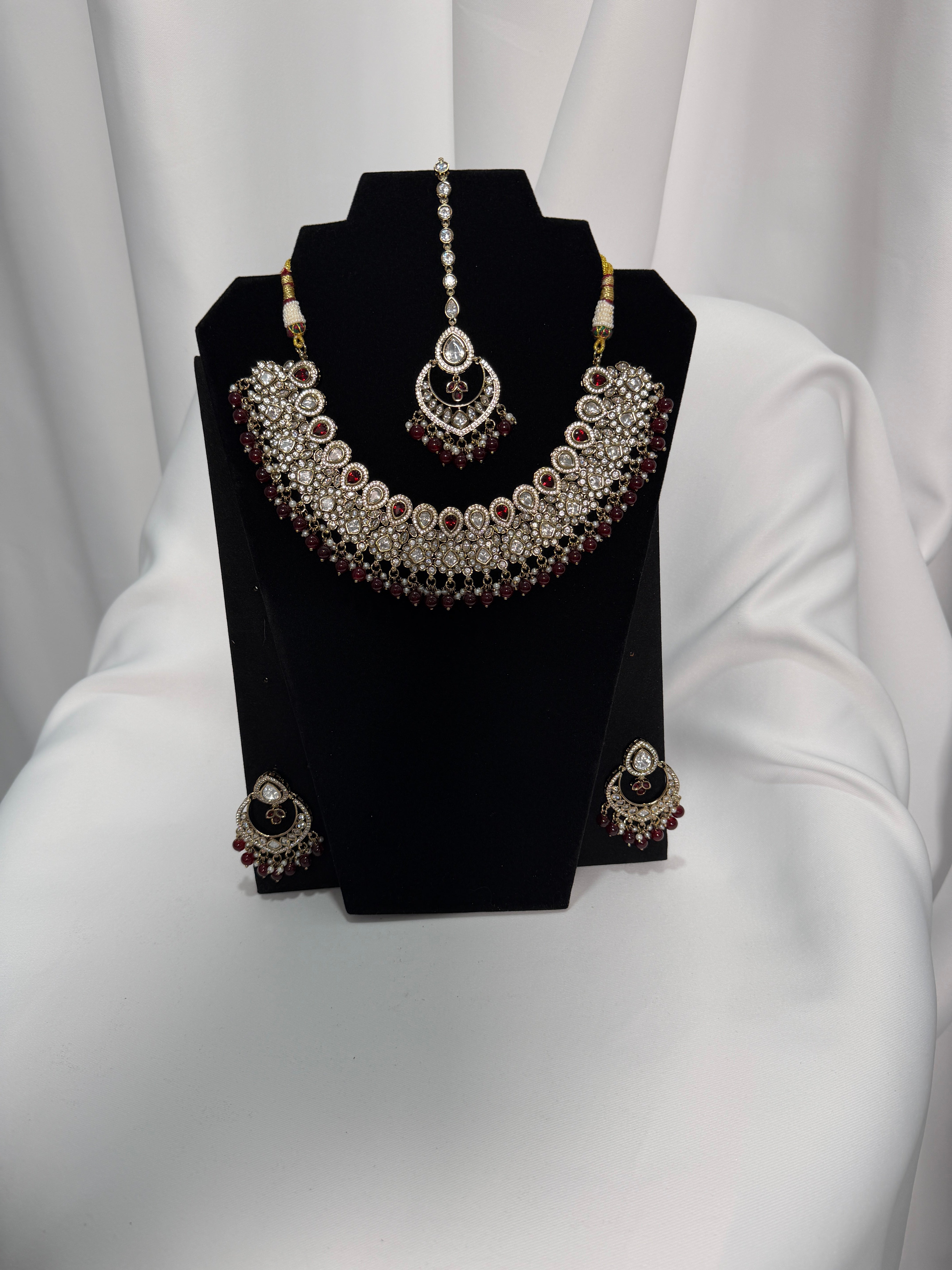 Royal Kundan Bridal Necklace Set with Ruby Beads, Earrings & Maang Tikka