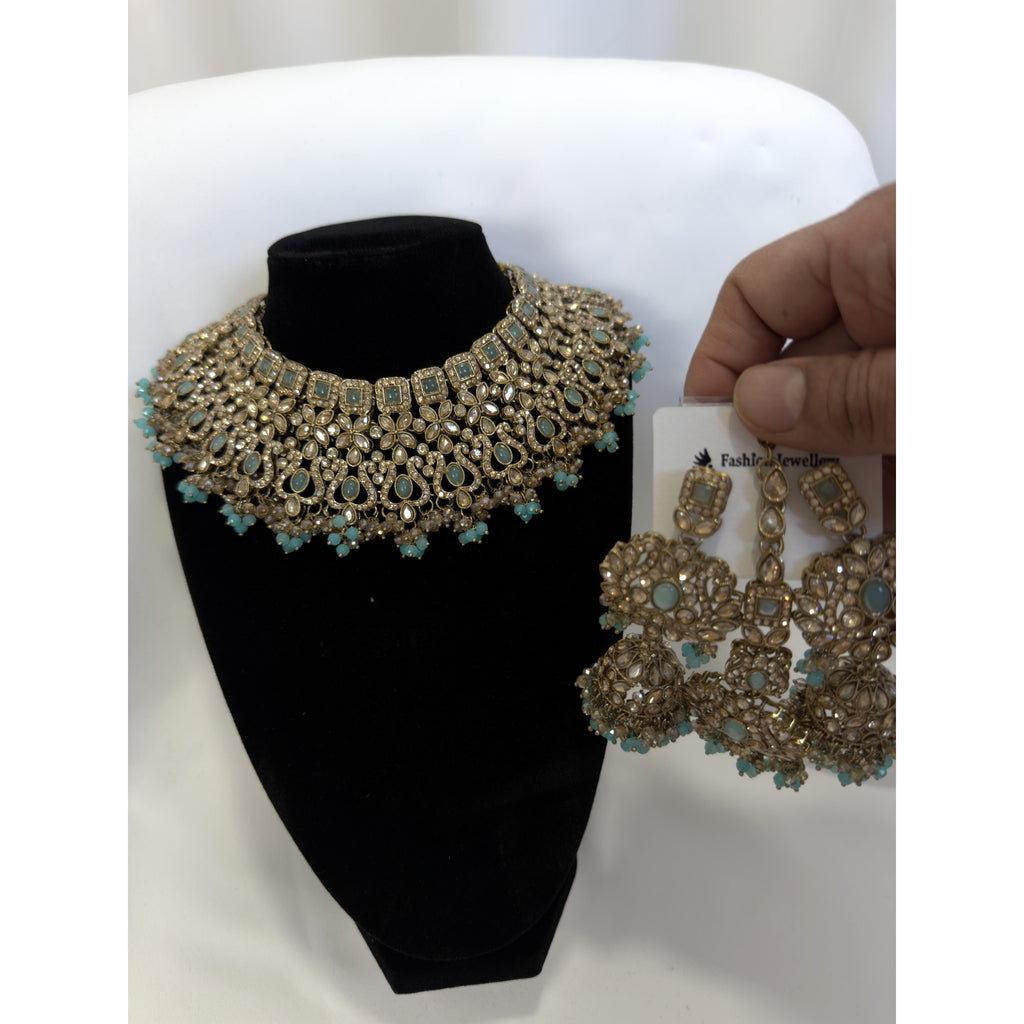 Royal Aqua Blue Kundan Bridal Choker Set with Statement Jhumka Earrings