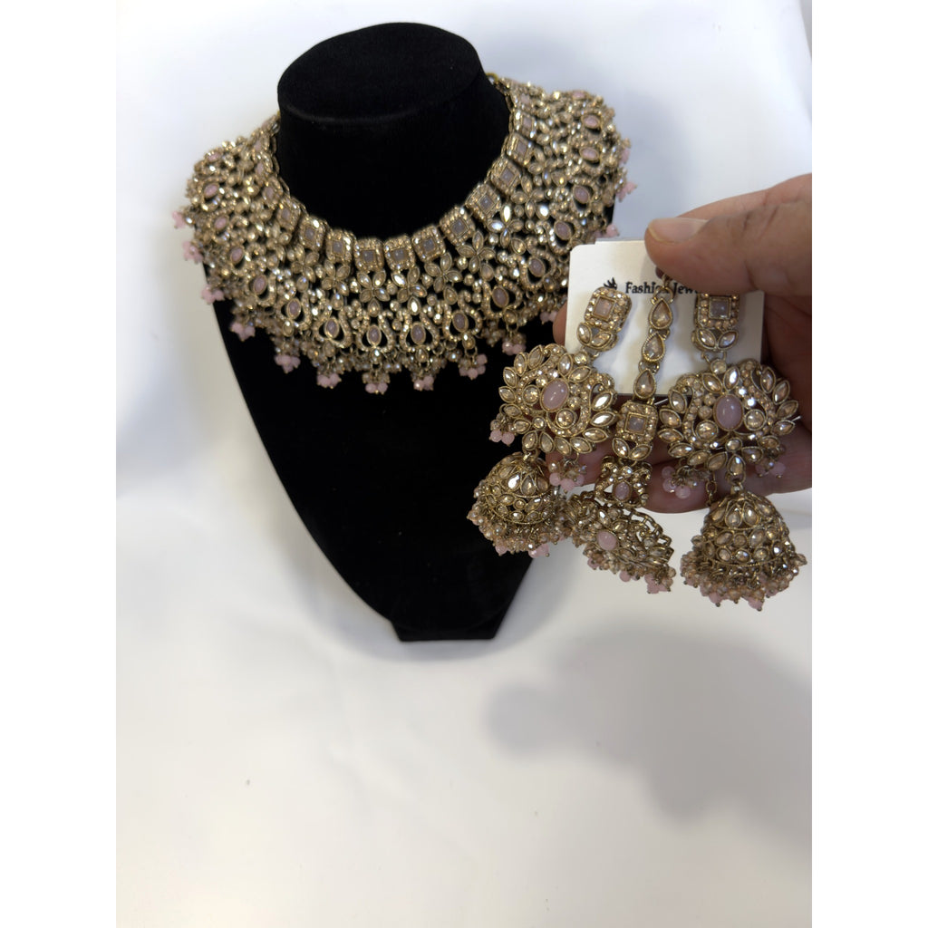 Luxury Pastel Pink Kundan Bridal Choker Set with Statement Jhumka Earrings