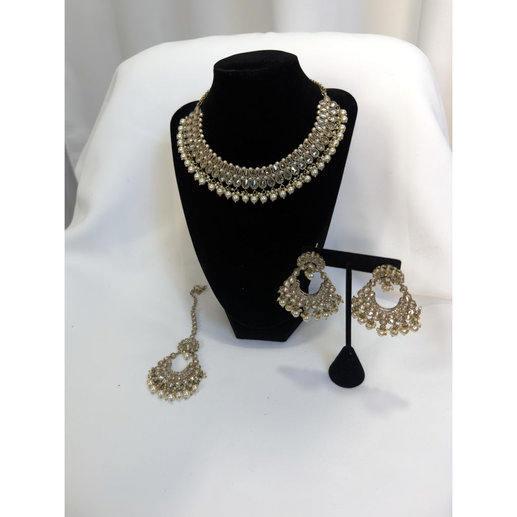 Royal Pearl Kundan Choker Set with Chandbali Earrings & Maang Tikka