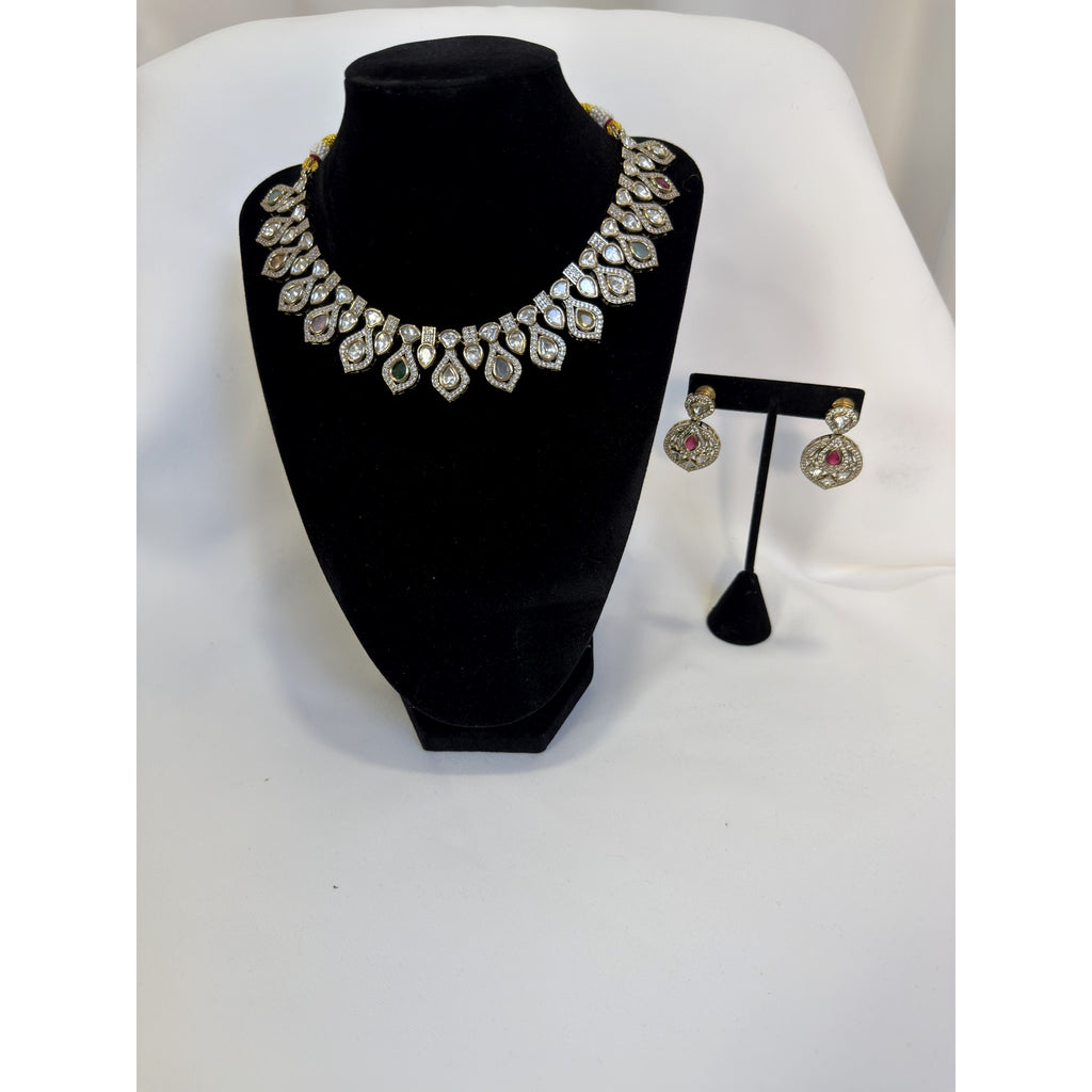 Elegant Diamond-Style Kundan Necklace Set with Ruby Accent Earrings