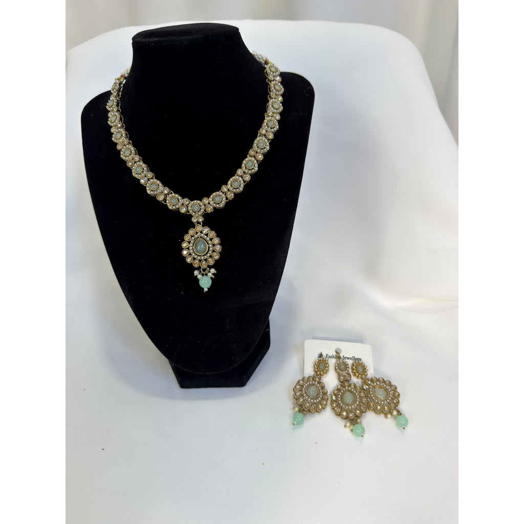 Elegant Polki Necklace Set with Mint Green Drops, Earrings & Maang Tikka