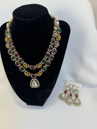 Navratna Polki Layered Necklace Set with Matching Earrings – Celebrations Collection
